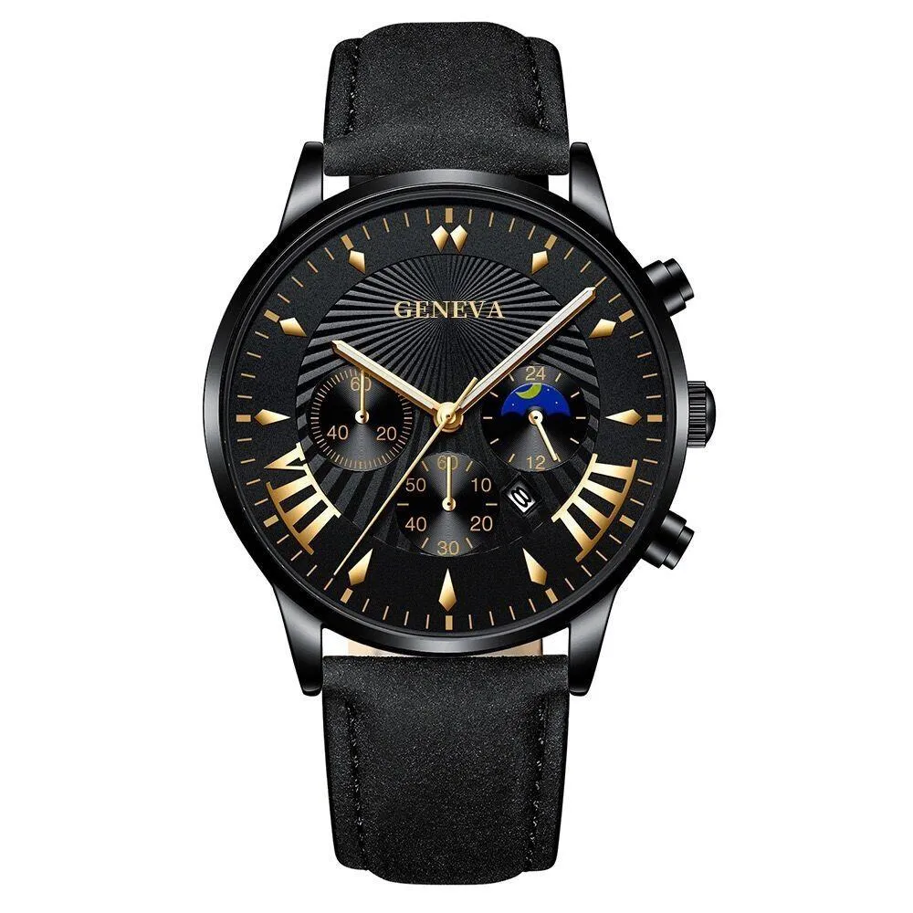 Men’s Automatic Watch Gift Set Roman Numeral Calendar Wristwatch Black Minimalist 4 Piece Set Birthday Gift showcase 5