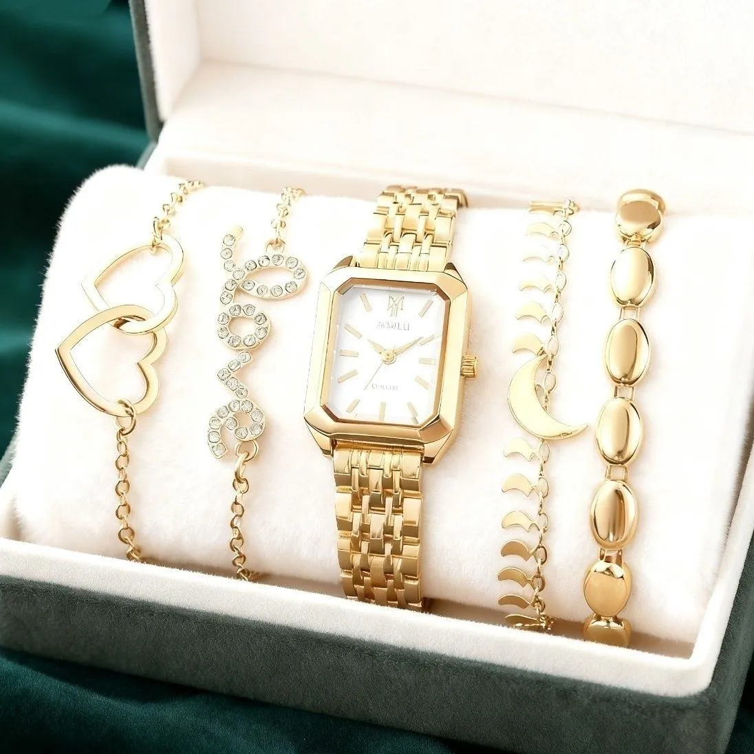 Women’s Luxury Square Watch Jewelry Set 5 Piece Crystal Bracelet Gift Set for Mom Girlfriend Best Friend thumbnail 1