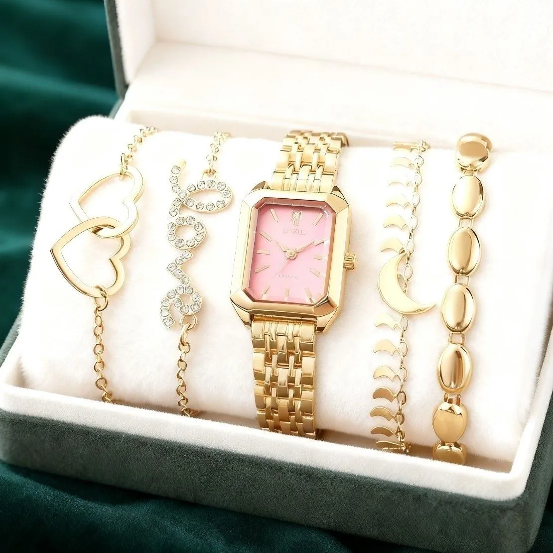 Women’s Luxury Square Watch Jewelry Set 5 Piece Crystal Bracelet Gift Set for Mom Girlfriend Best Friend thumbnail 2