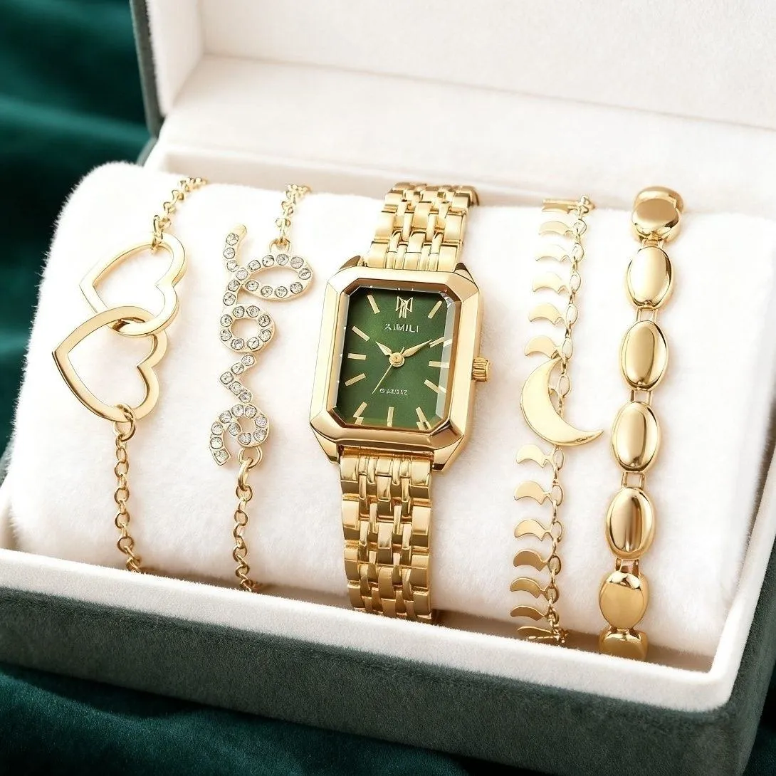 Women’s Luxury Square Watch Jewelry Set 5 Piece Crystal Bracelet Gift Set for Mom Girlfriend Best Friend thumbnail 4