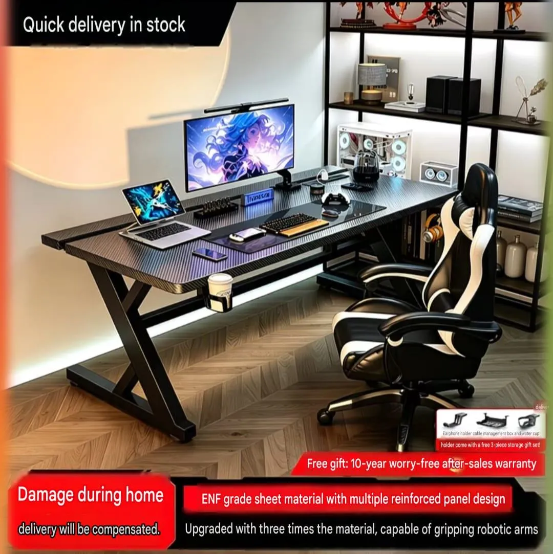 Modern Ergonomic Z-Leg Gaming Desk with Wide Carbon Fiber Texture Desktop and Cup Holder - Image 3
