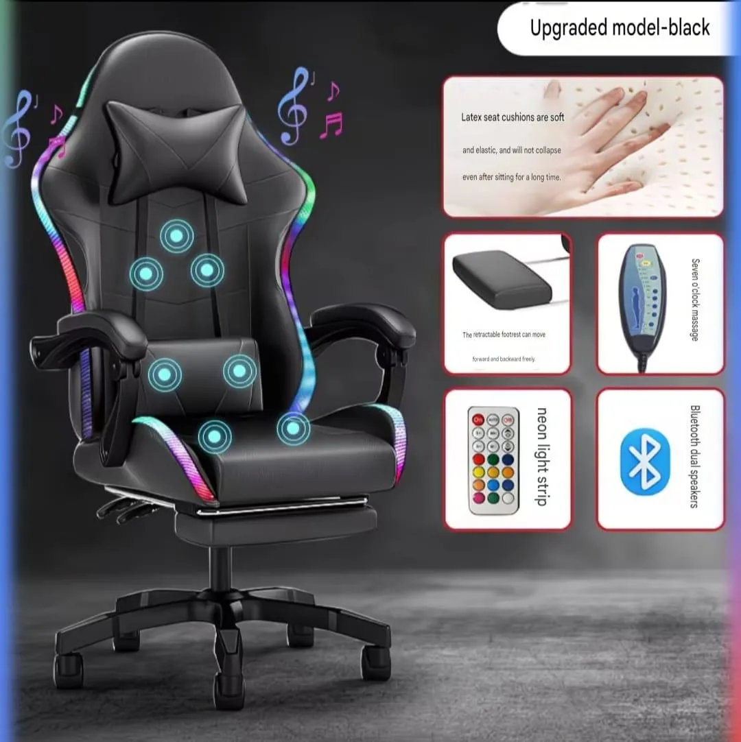 Ergonomic RGB Gaming Chair with Massage Functions Bluetooth Dual Speakers and Retractable Footrest Black thumbnail 3