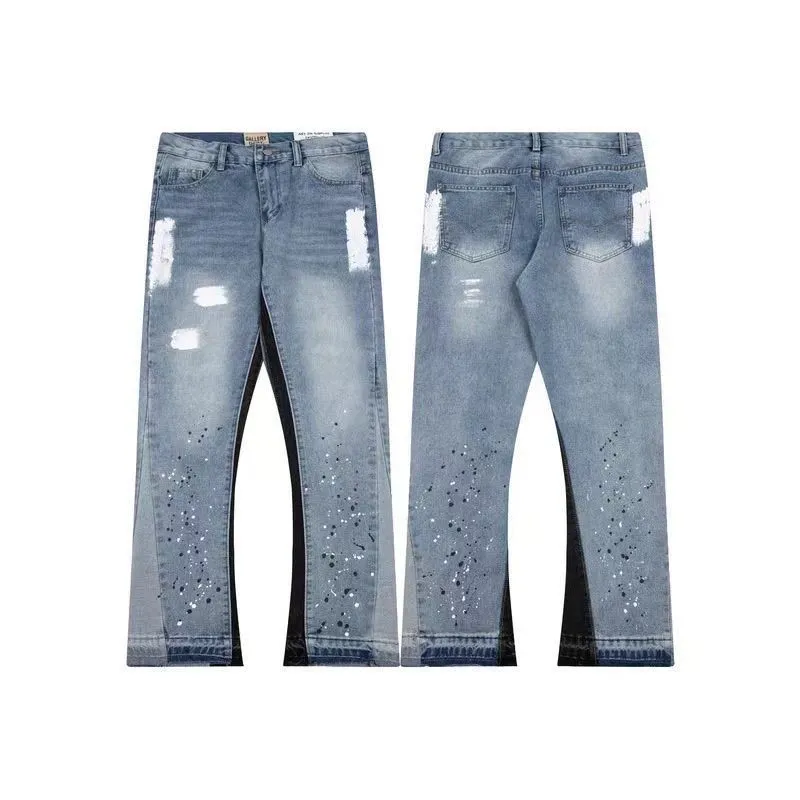 Men Vintage Distressed Flare Jeans Paint Splatter Ripped Wide Leg Denim Pants Light Blue thumbnail 1