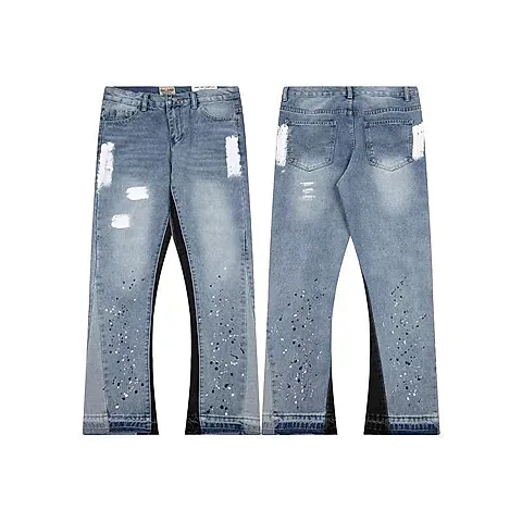 Men Vintage Distressed Flare Jeans Paint Splatter Ripped Wide Leg Denim Pants Light Blue