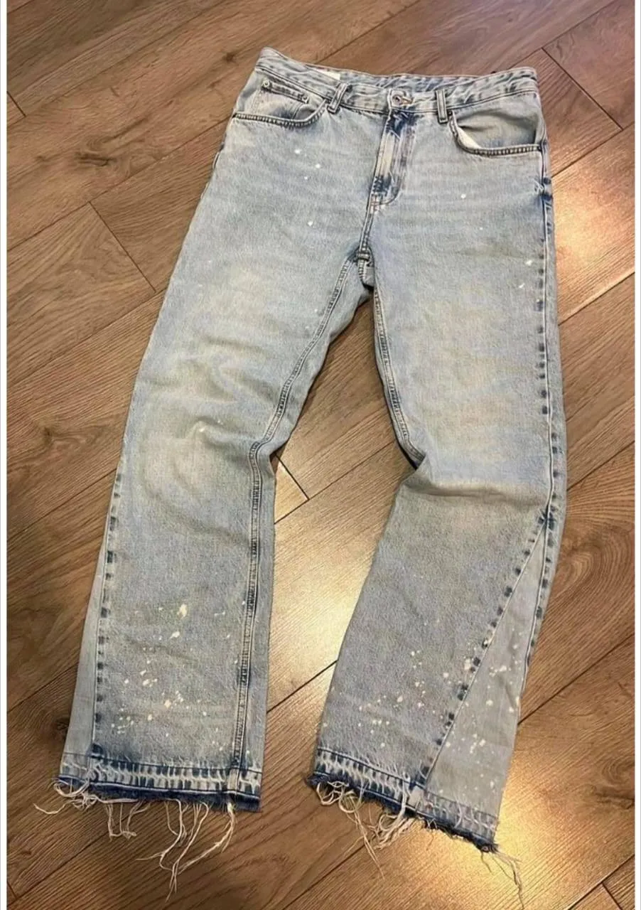Men Vintage Distressed Flare Jeans Paint Splatter Ripped Wide Leg Denim Pants Light Blue thumbnail 2