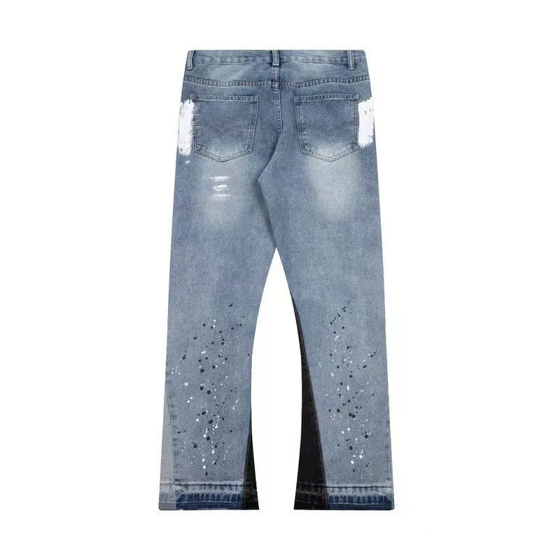 Men Vintage Distressed Flare Jeans Paint Splatter Ripped Wide Leg Denim Pants Light Blue thumbnail 3
