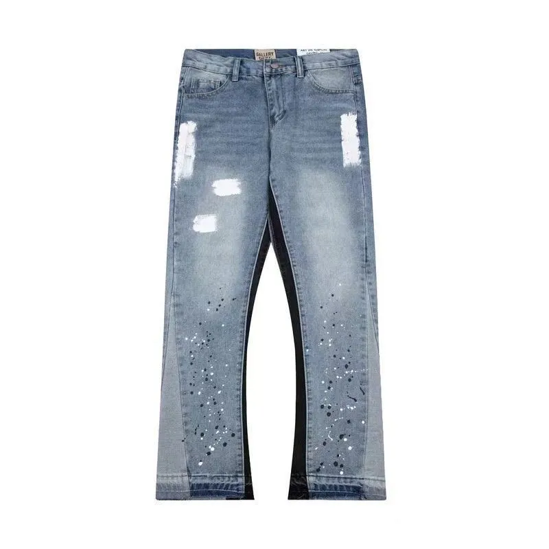 Men Vintage Distressed Flare Jeans Paint Splatter Ripped Wide Leg Denim Pants Light Blue thumbnail 4
