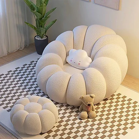 Modern Cream Boucle Pumpkin Accent Chair with Matching Flower Ottoman Set for Living Room