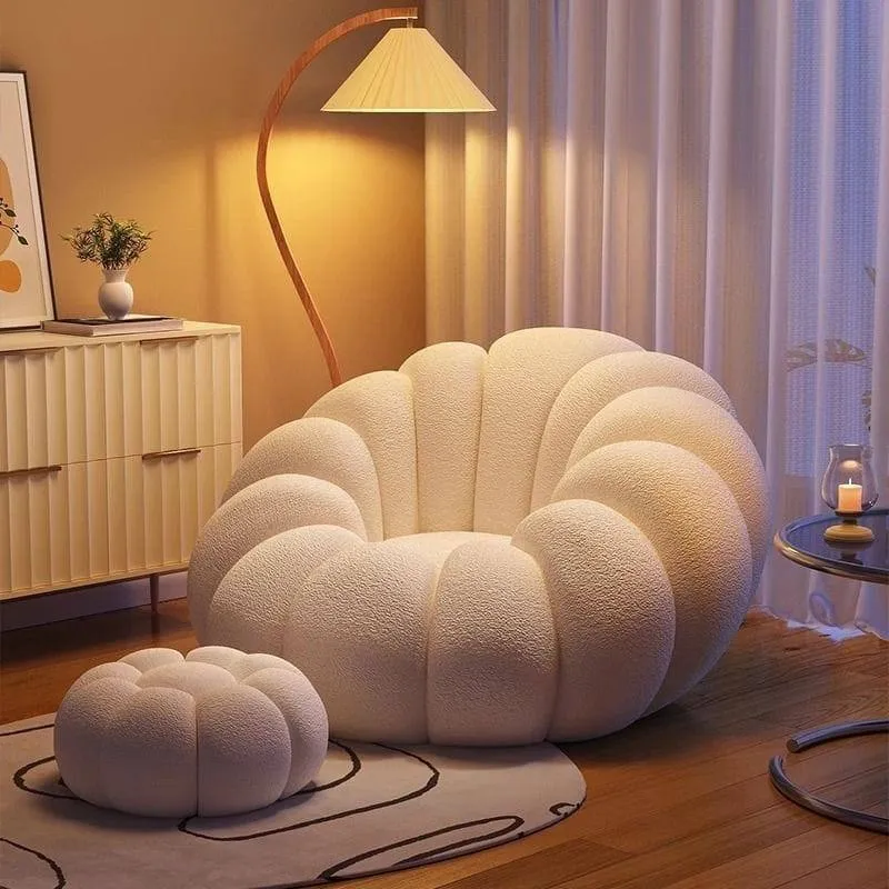 Modern Cream Boucle Pumpkin Accent Chair with Matching Flower Ottoman Set for Living Room thumbnail 6