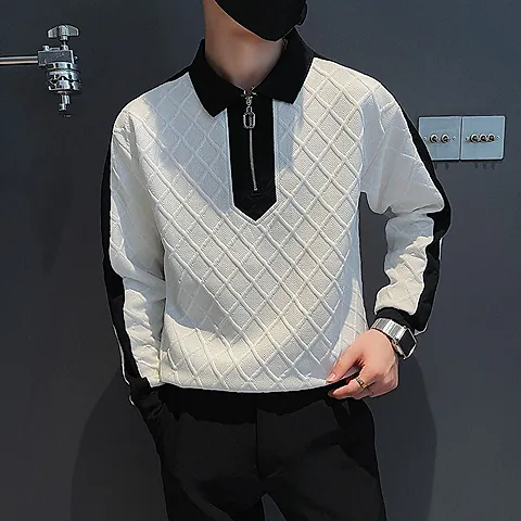 Men's Autumn Winter Half-Zip Hoodie Trendy Color Block Long Sleeve Polo Shirt Casual Cool Street Style Top