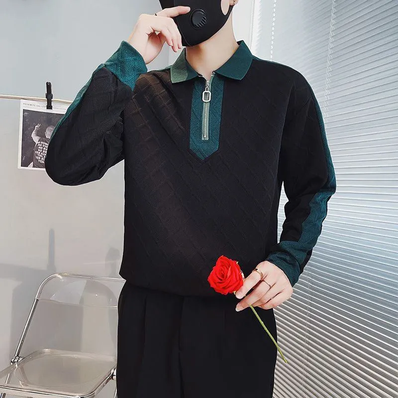 Men's Autumn Winter Half-Zip Hoodie Trendy Color Block Long Sleeve Polo Shirt Casual Cool Street Style Top thumbnail 2