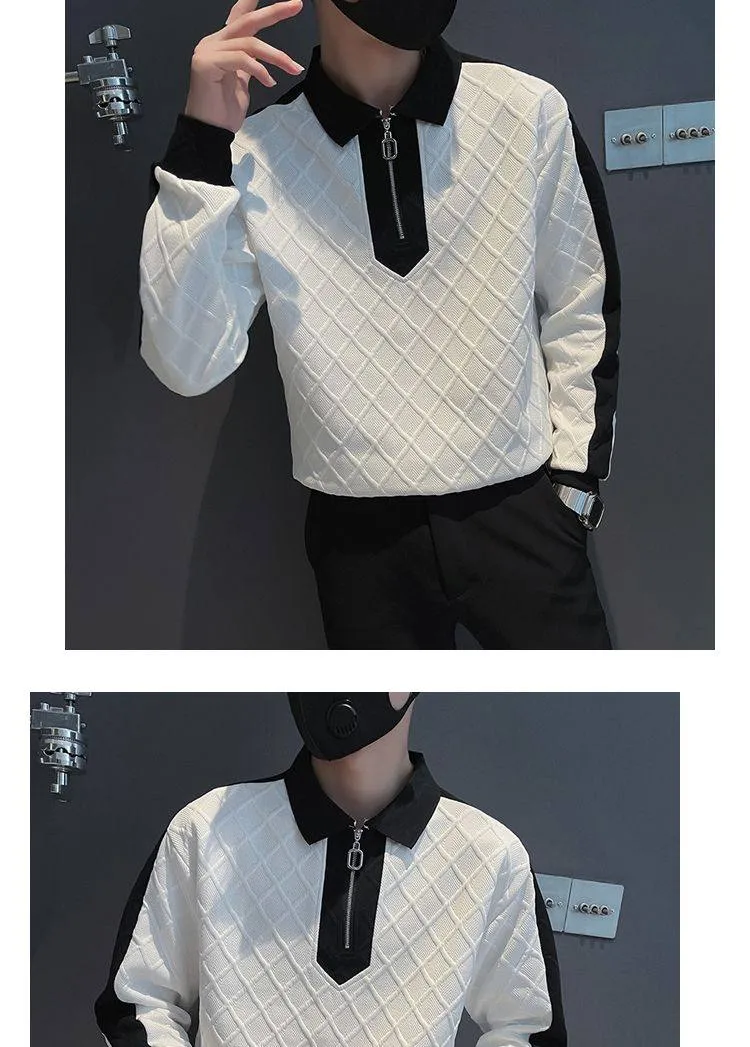 Men's Autumn Winter Half-Zip Hoodie Trendy Color Block Long Sleeve Polo Shirt Casual Cool Street Style Top showcase 3