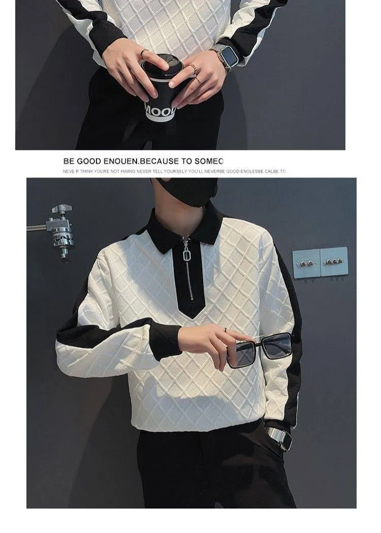 Men's Autumn Winter Half-Zip Hoodie Trendy Color Block Long Sleeve Polo Shirt Casual Cool Street Style Top showcase 4