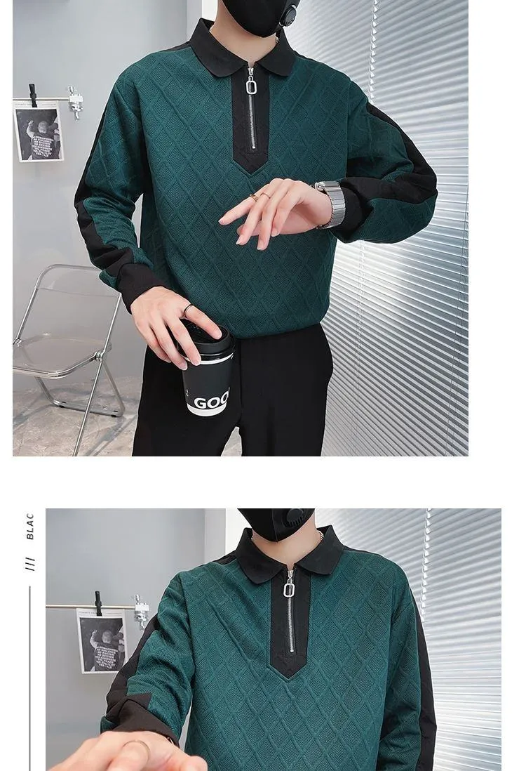Men's Autumn Winter Half-Zip Hoodie Trendy Color Block Long Sleeve Polo Shirt Casual Cool Street Style Top showcase 5