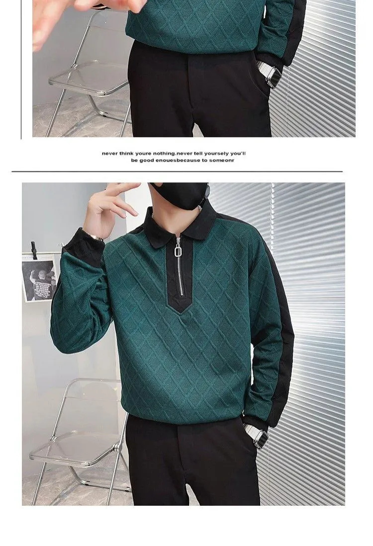 Men's Autumn Winter Half-Zip Hoodie Trendy Color Block Long Sleeve Polo Shirt Casual Cool Street Style Top showcase 6