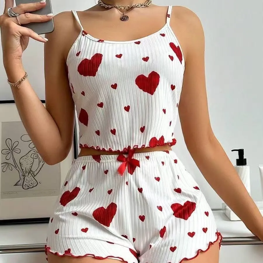 Sweet Heart Print Camisole Shorts Two-Piece Set – Summer Women's Loungewear, Anti-Static, Moisture-Absorbing & Sweat-Wicking, Direct Sale - Image 1