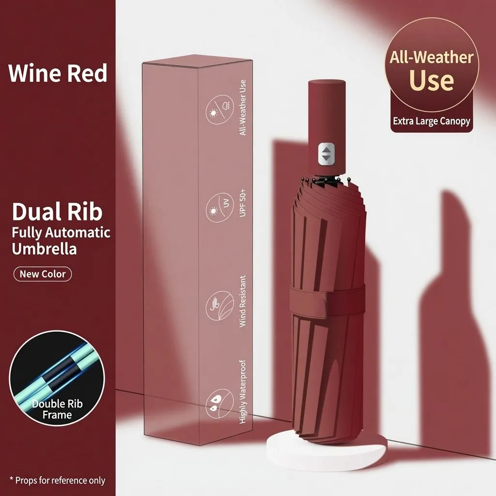 Fully Automatic Folding Umbrella – All-Weather UV Protection Sun & Rain Umbrella with Reinforced Double Rib Frame - Image 1