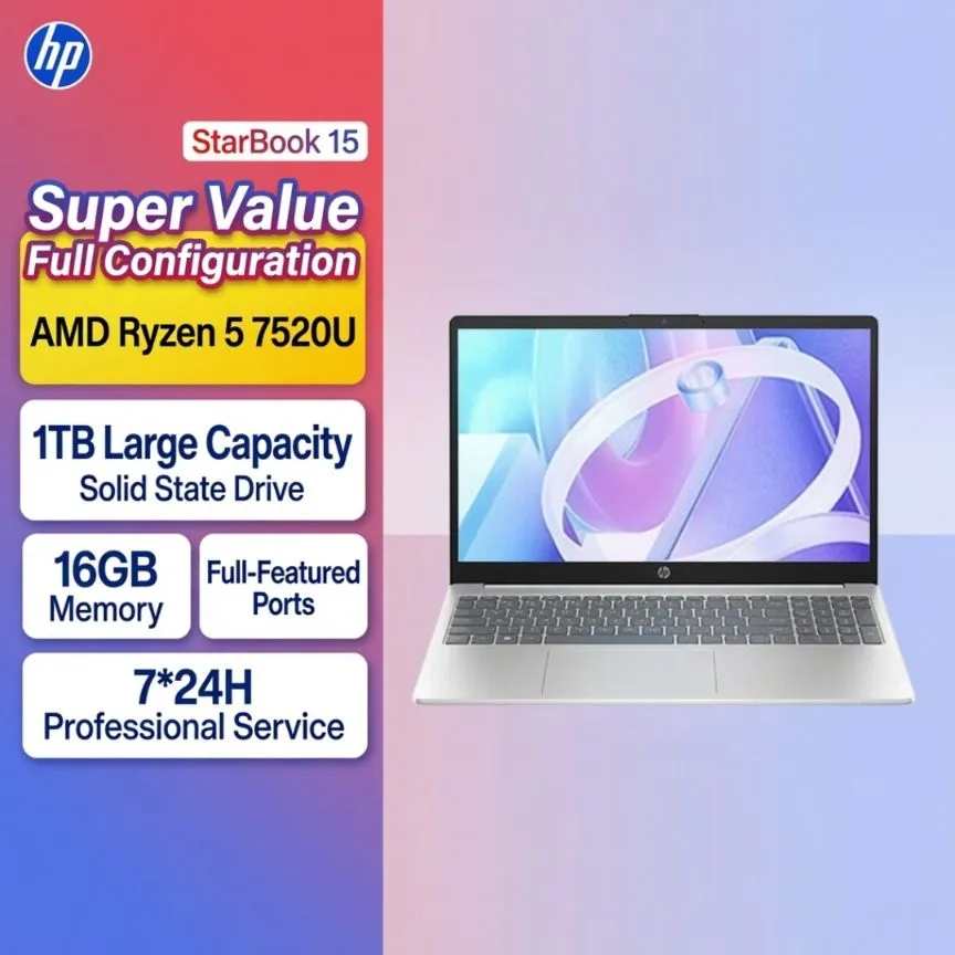 HP Star Book 15.6" Laptop - AMD Ryzen 5-7520U | 16GB RAM | 1TB NVMe SSD - Ultra-Thin & Lightweight Business & Student Productivity Notebook - Image 1