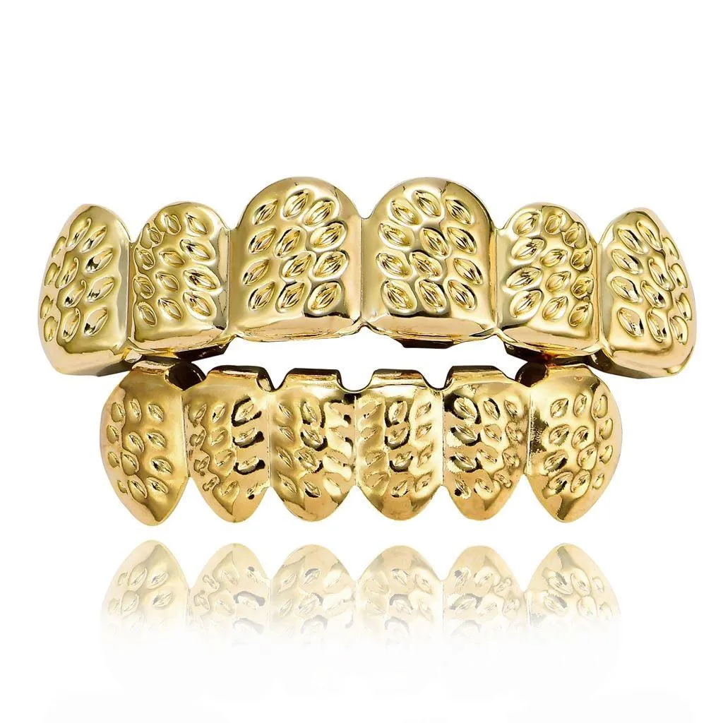 Gold-Plated Hip-Hop Teeth Grillz for Men - Carved Pattern Rap Style Dental Grill Jewelry thumbnail 1