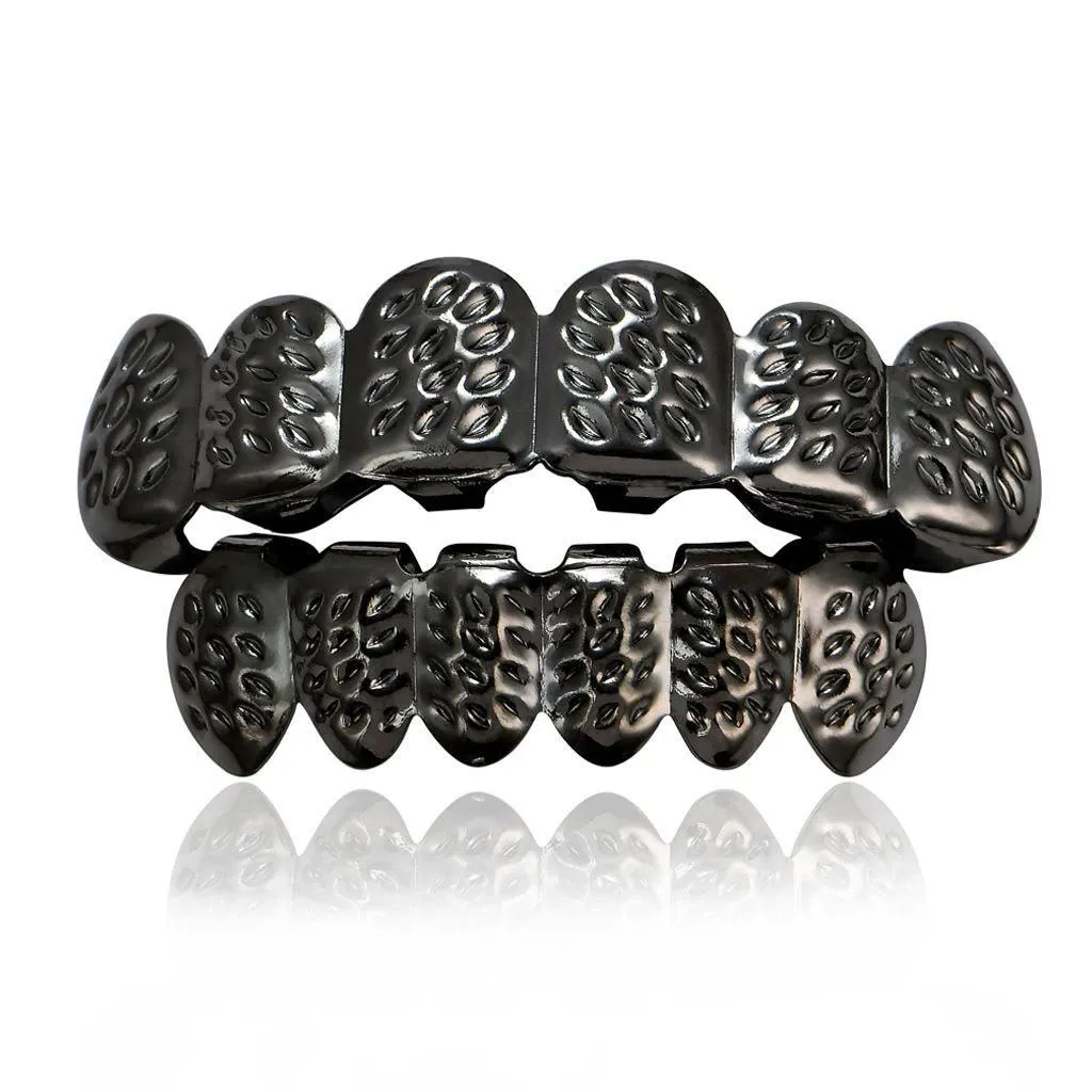 Gold-Plated Hip-Hop Teeth Grillz for Men - Carved Pattern Rap Style Dental Grill Jewelry thumbnail 2