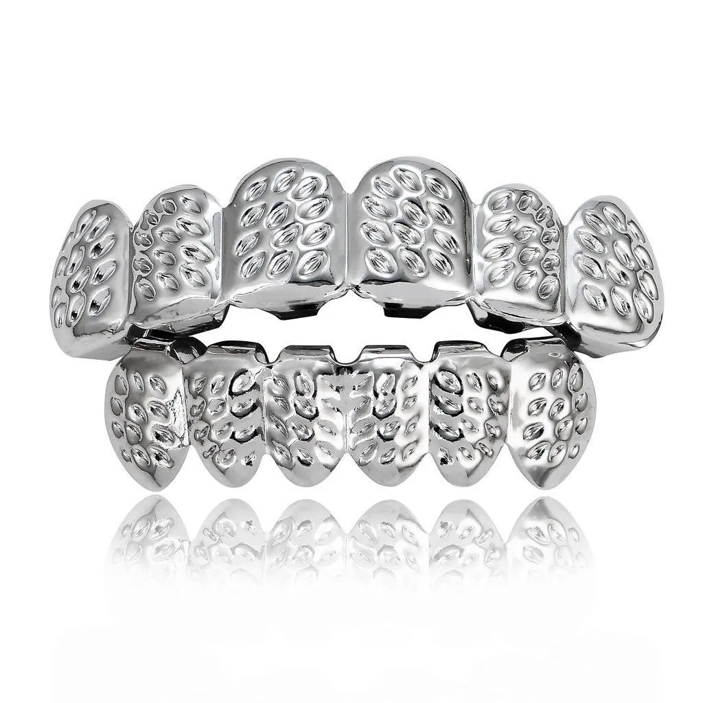 Gold-Plated Hip-Hop Teeth Grillz for Men - Carved Pattern Rap Style Dental Grill Jewelry thumbnail 3
