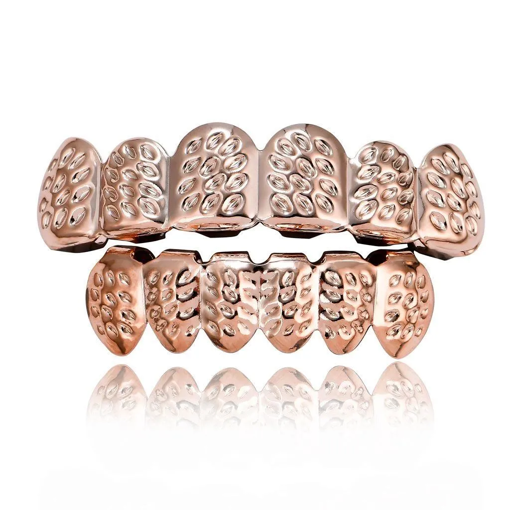 Gold-Plated Hip-Hop Teeth Grillz for Men - Carved Pattern Rap Style Dental Grill Jewelry thumbnail 4