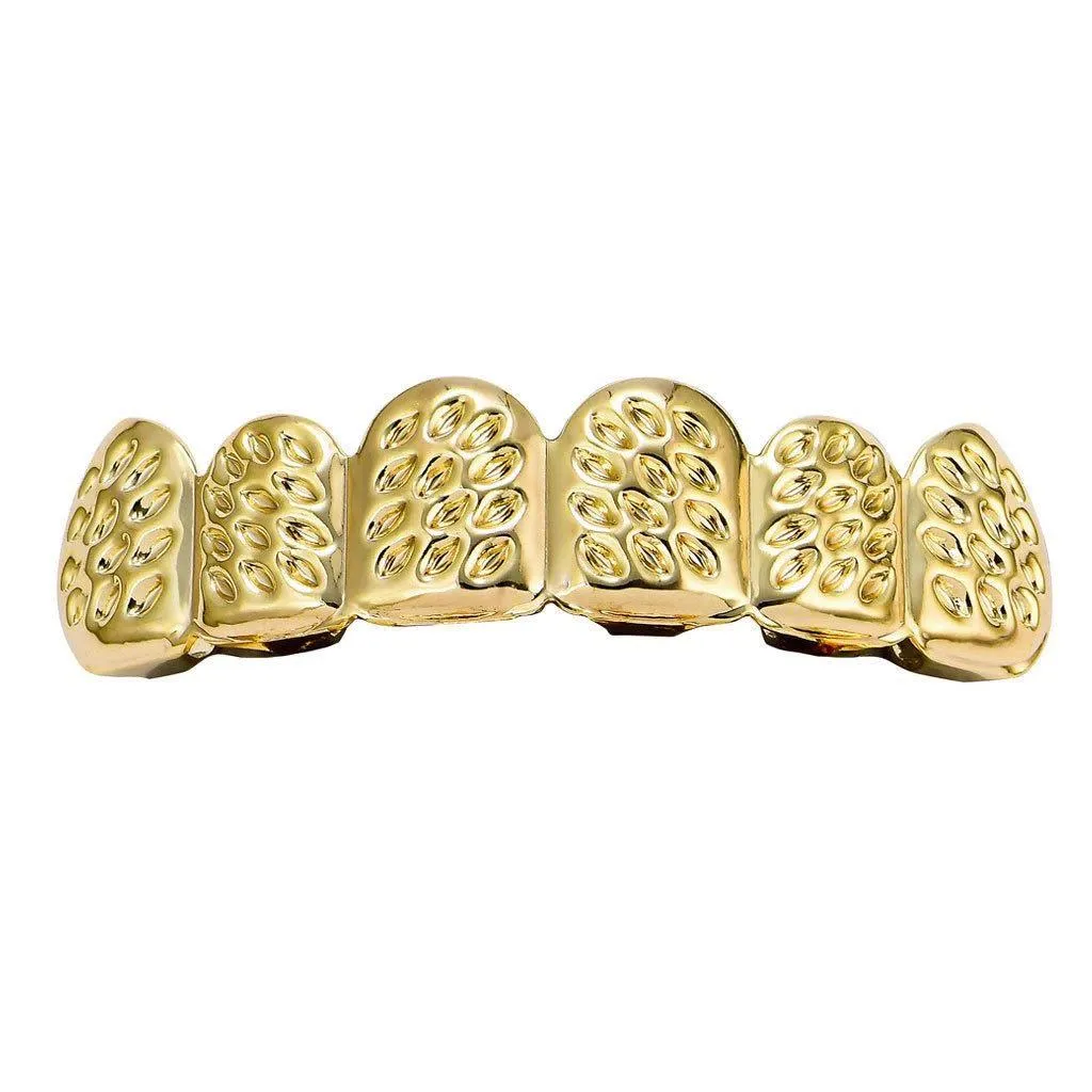 Gold-Plated Hip-Hop Teeth Grillz for Men - Carved Pattern Rap Style Dental Grill Jewelry showcase 4