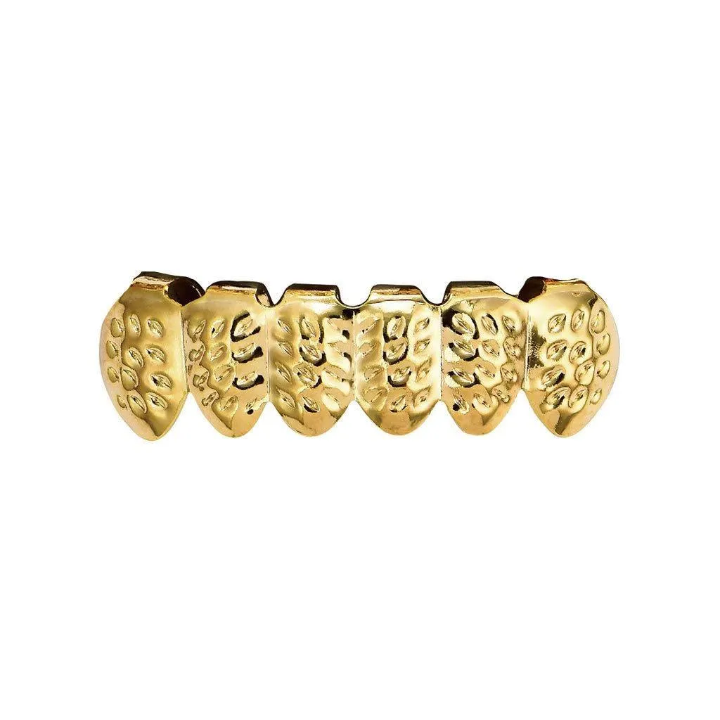 Gold-Plated Hip-Hop Teeth Grillz for Men - Carved Pattern Rap Style Dental Grill Jewelry showcase 5