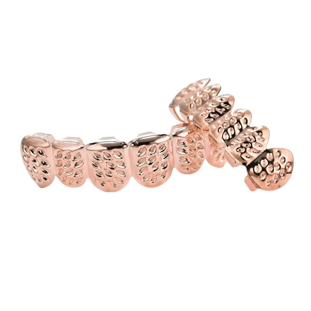 Gold-Plated Hip-Hop Teeth Grillz for Men - Carved Pattern Rap Style Dental Grill Jewelry showcase 7