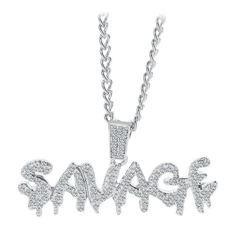 SAVAGE Full Crystal Letter Necklace – American Hip-Hop Distressed Graffiti Pendant - Image 2