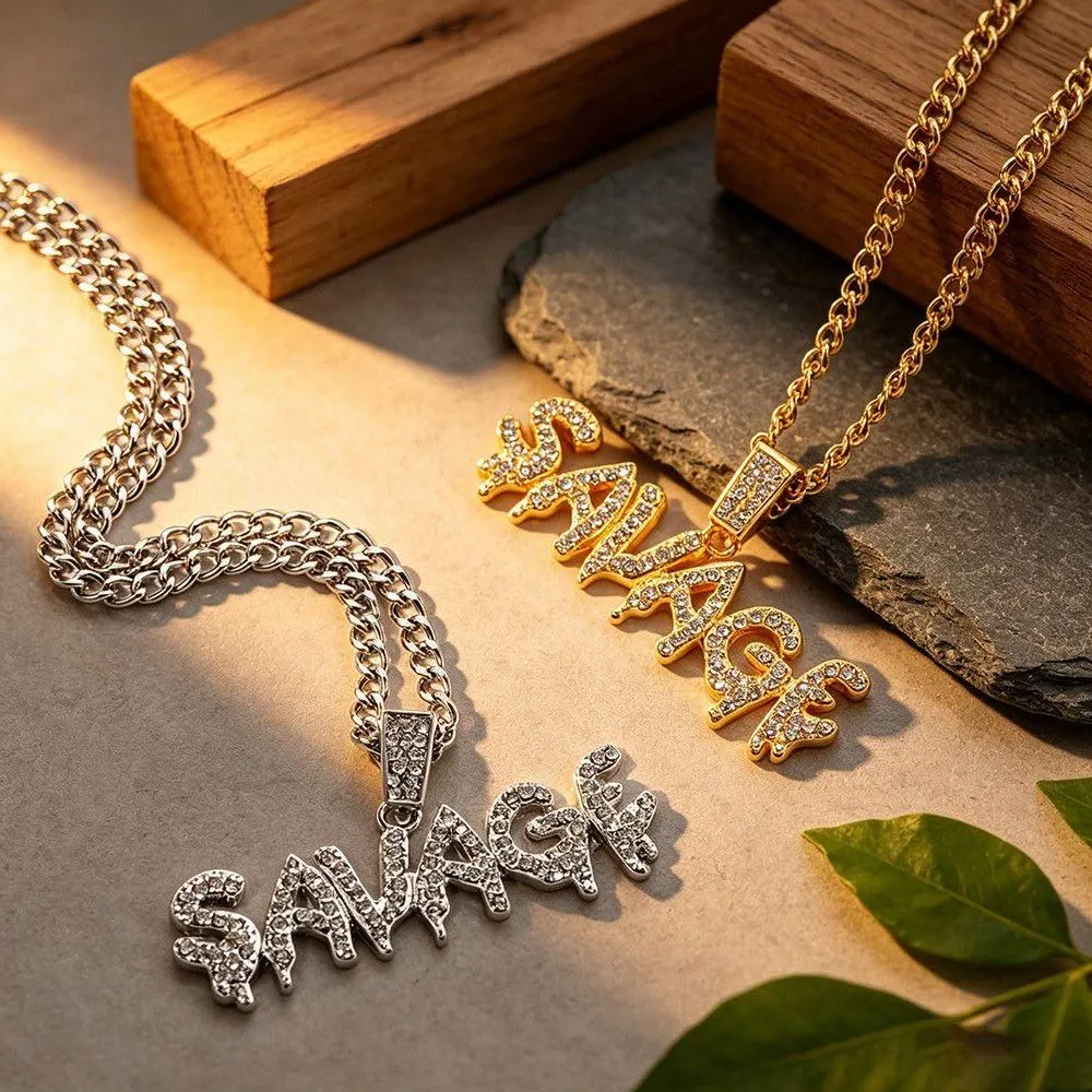 SAVAGE Full Crystal Letter Necklace – American Hip-Hop Distressed Graffiti Pendant - Image 3