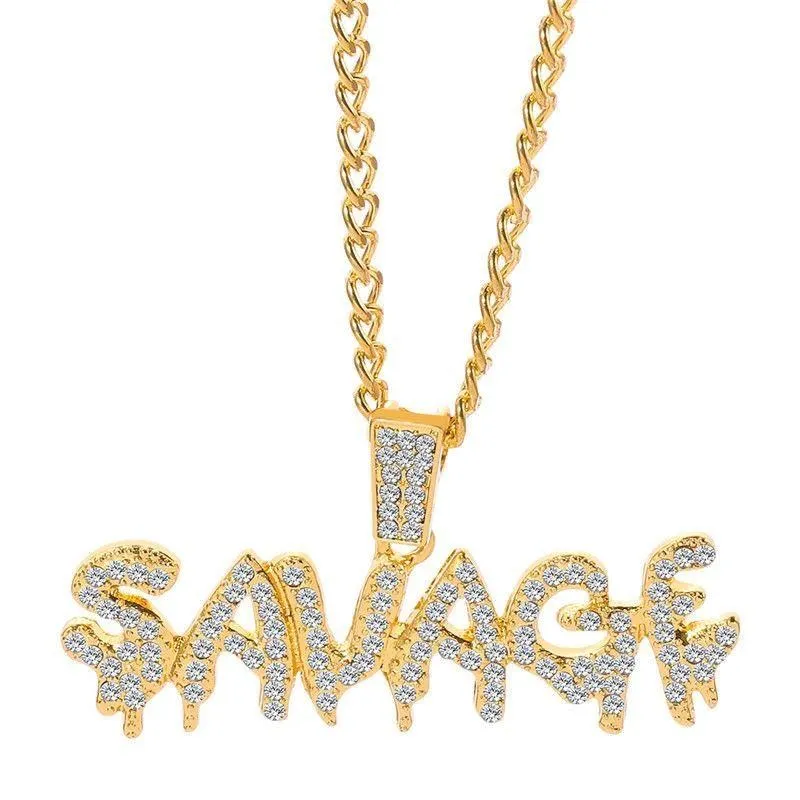 SAVAGE Full Crystal Letter Necklace – American Hip-Hop Distressed Graffiti Pendant showcase 1