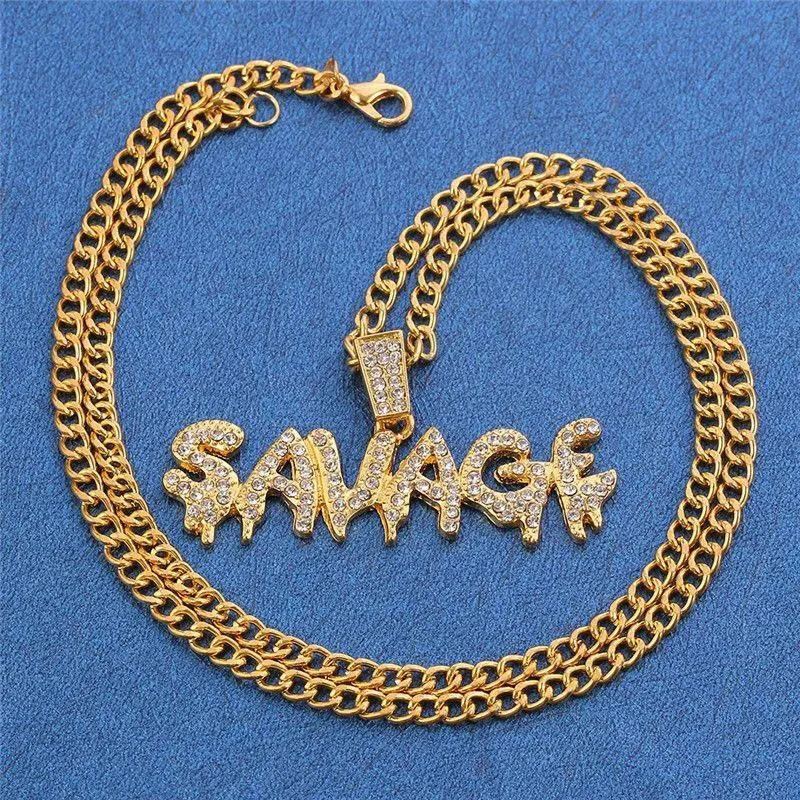 SAVAGE Full Crystal Letter Necklace – American Hip-Hop Distressed Graffiti Pendant showcase 3