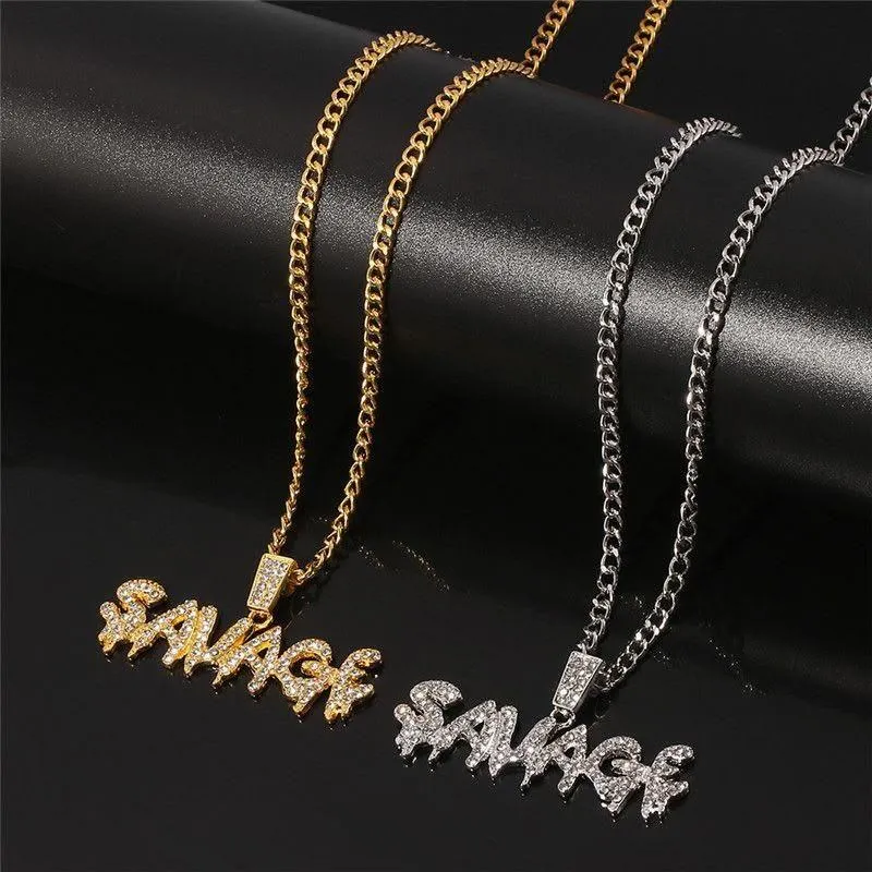SAVAGE Full Crystal Letter Necklace – American Hip-Hop Distressed Graffiti Pendant showcase 4