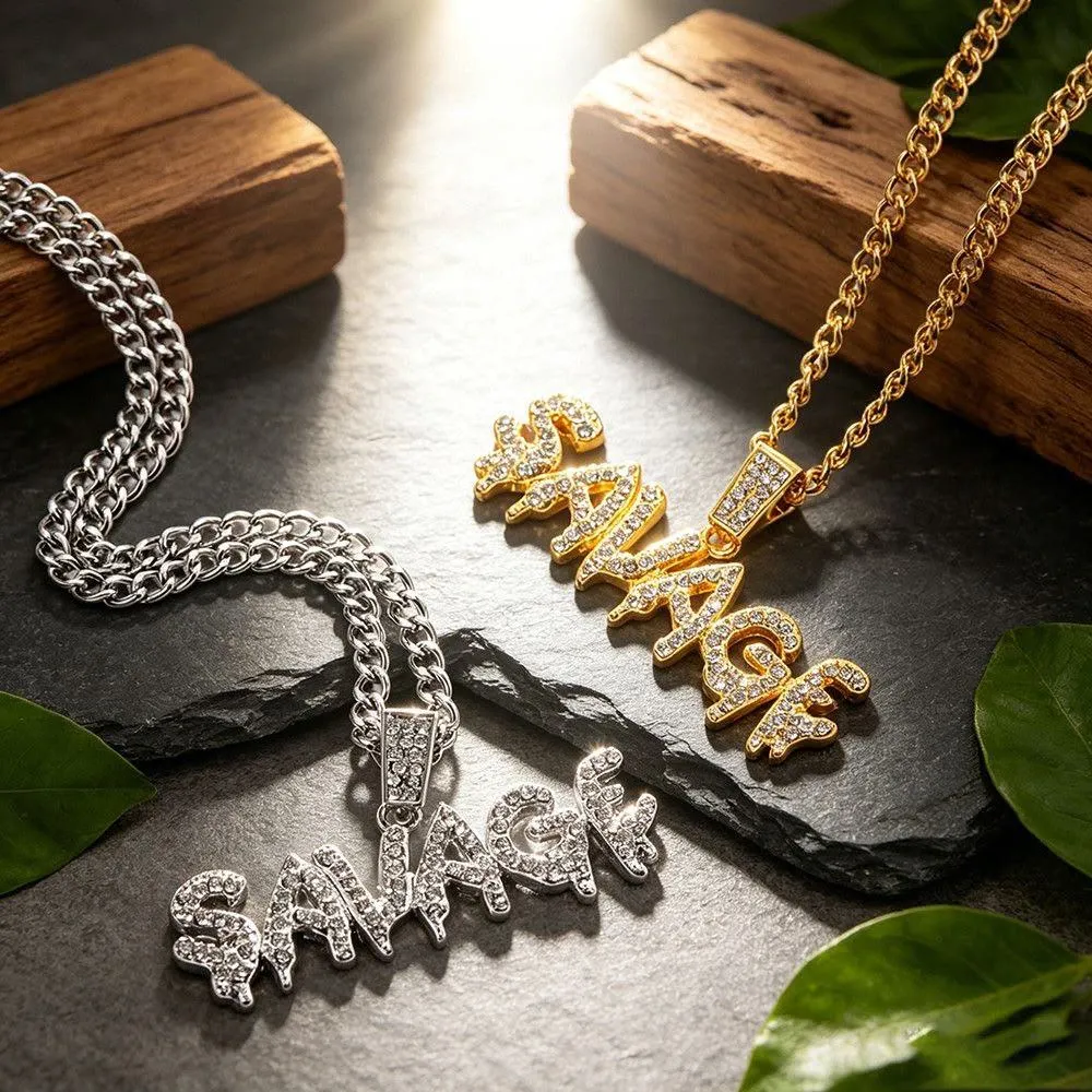 SAVAGE Full Crystal Letter Necklace – American Hip-Hop Distressed Graffiti Pendant showcase 7