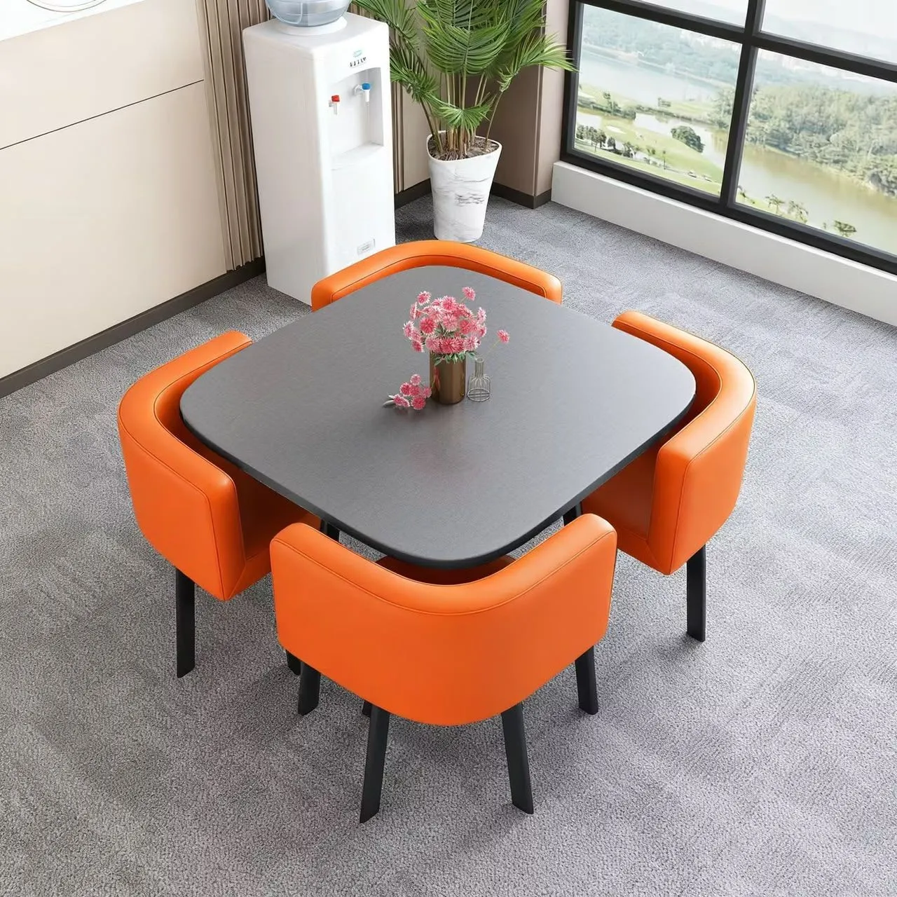 80cm Gray Square Table + 4 Orange Leather Chairs