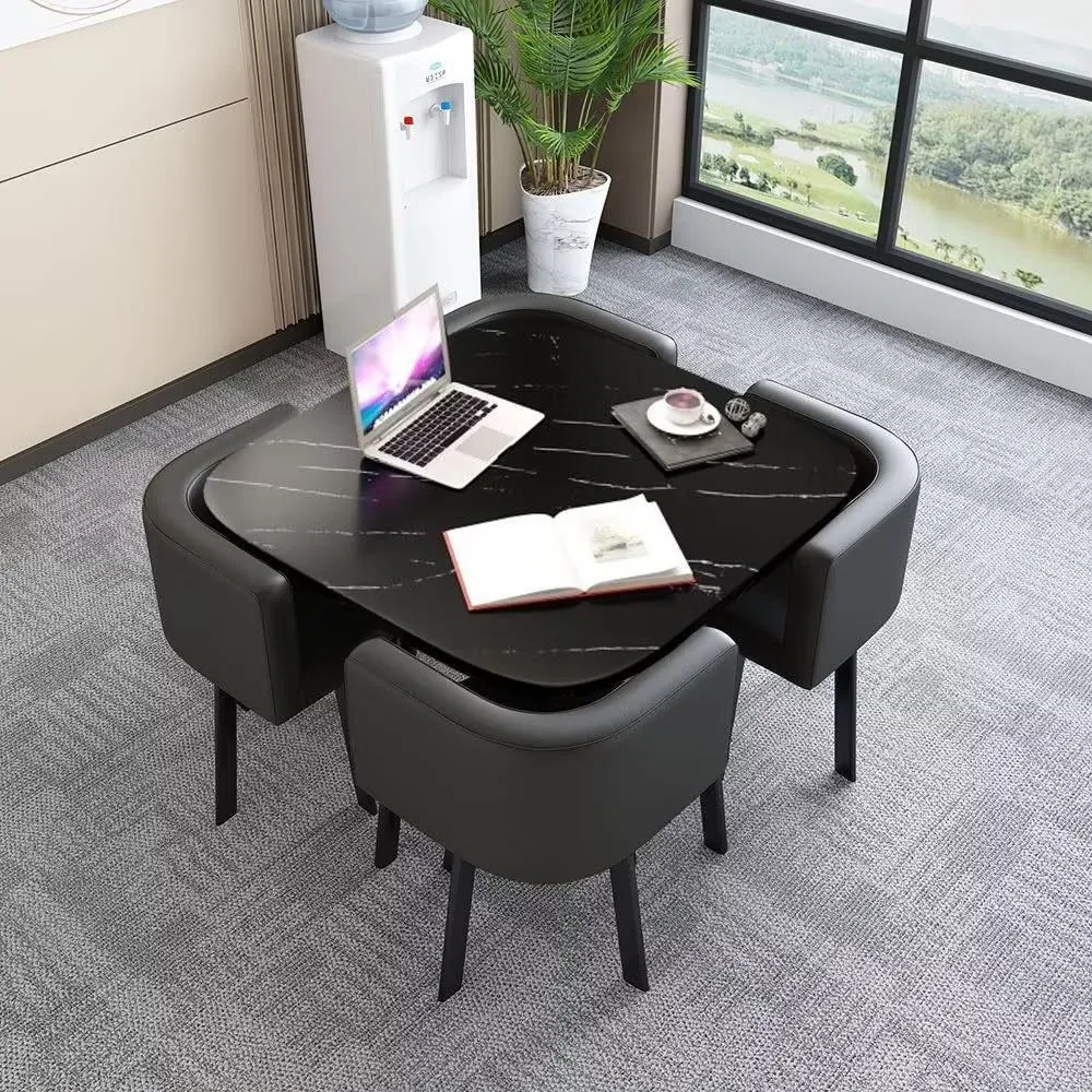 80cm Gray Square Table + 4 Dark Gray Leather Chairs