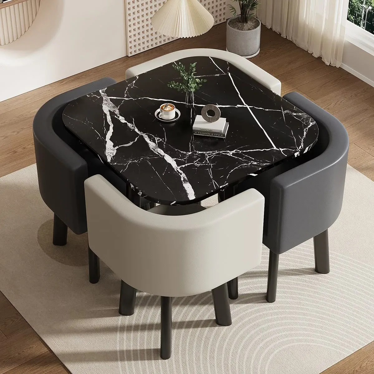 80cm Gray Square Table + 2 Gray + 2 Light Gray Leather Chairs