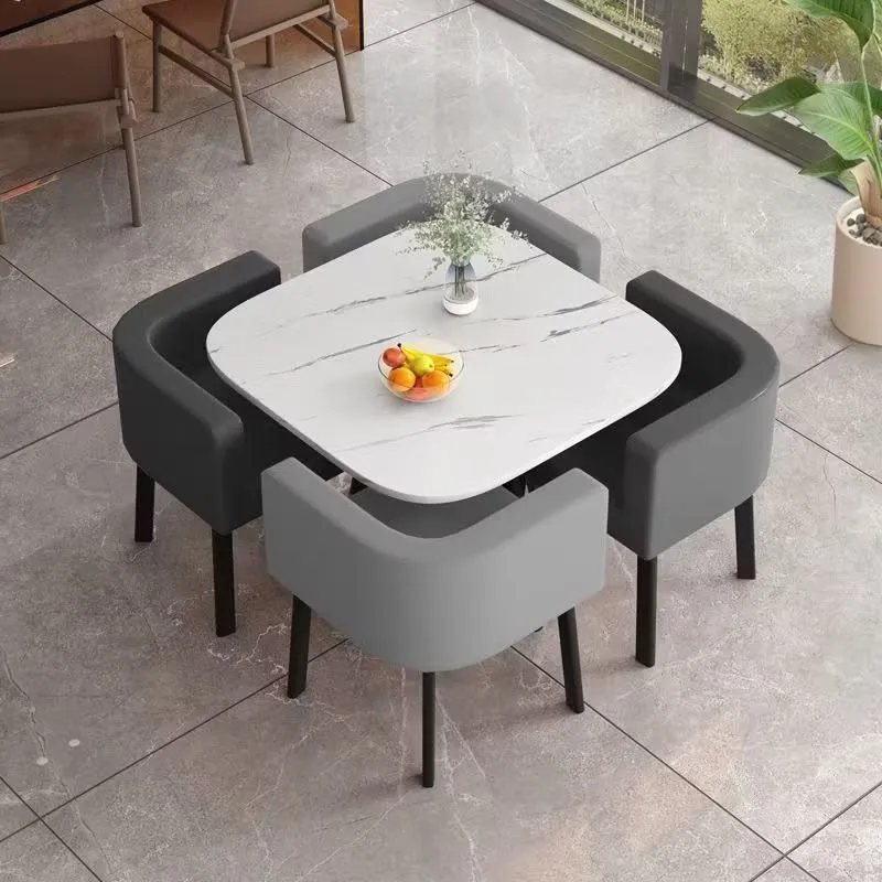 80cm White Pattern Square Table + 2 Dark Gray + 2 Light Gray Leather Chairs