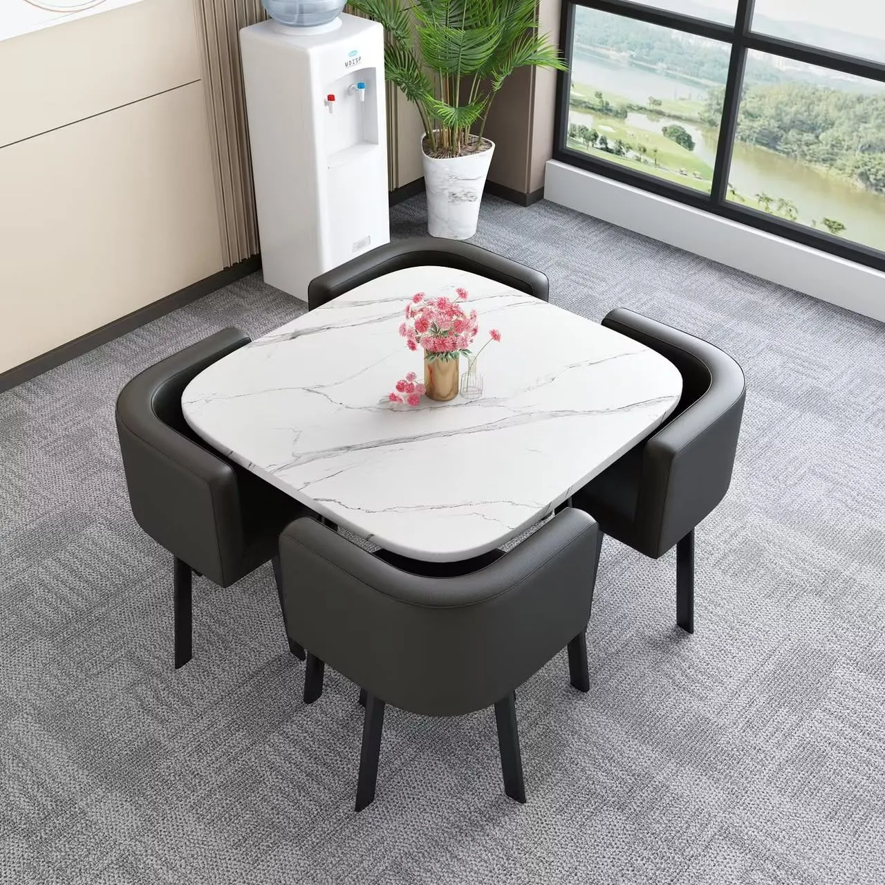 80cm White Pattern Square Table + 4 Black Leather Chairs