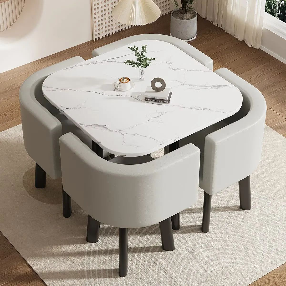 80cm White Pattern Square Table + 4 Light Gray Leather Chairs