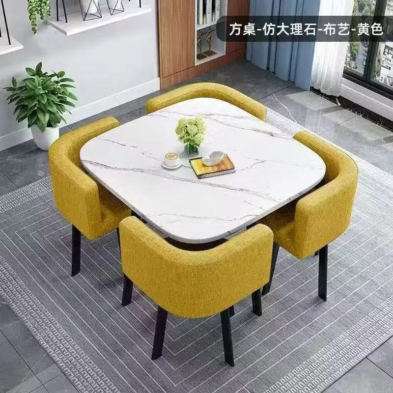80cm White Pattern Square Table + 4 Yellow Leather Chairs