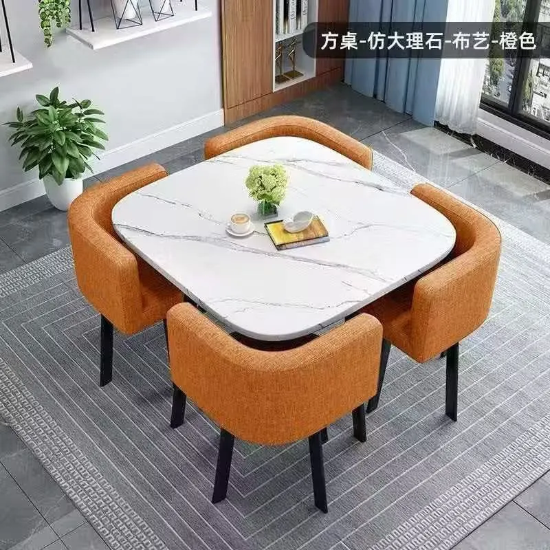 80cm White Pattern Square Table + 4 Orange Leather Chairs