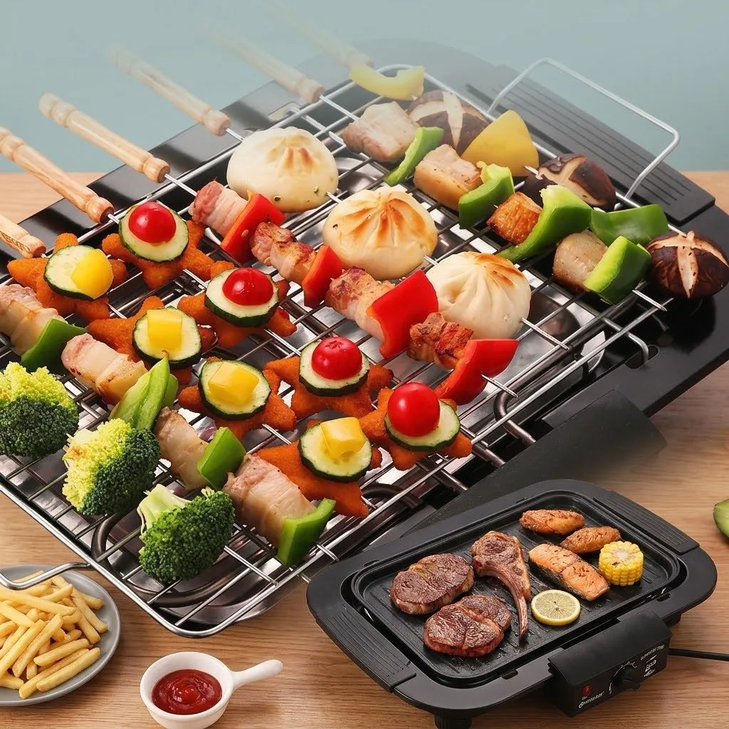 Electric BBQ Grill – New Smokeless Indoor Electric Grill, Multi-Function Barbecue & Skewer Grill for Home - Image 3