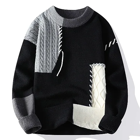Youth Color-Block Knitted Sweater – Fleece-Lined Autumn/Winter Warm Pullover, Hong Kong-Style Fashion Sweater