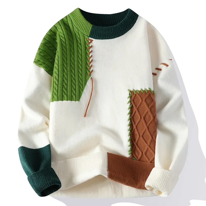 Youth Color-Block Knitted Sweater – Fleece-Lined Autumn/Winter Warm Pullover, Hong Kong-Style Fashion Sweater - Image 2