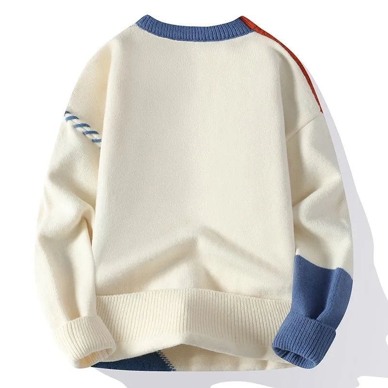Youth Color-Block Knitted Sweater – Fleece-Lined Autumn/Winter Warm Pullover, Hong Kong-Style Fashion Sweater - Image 4
