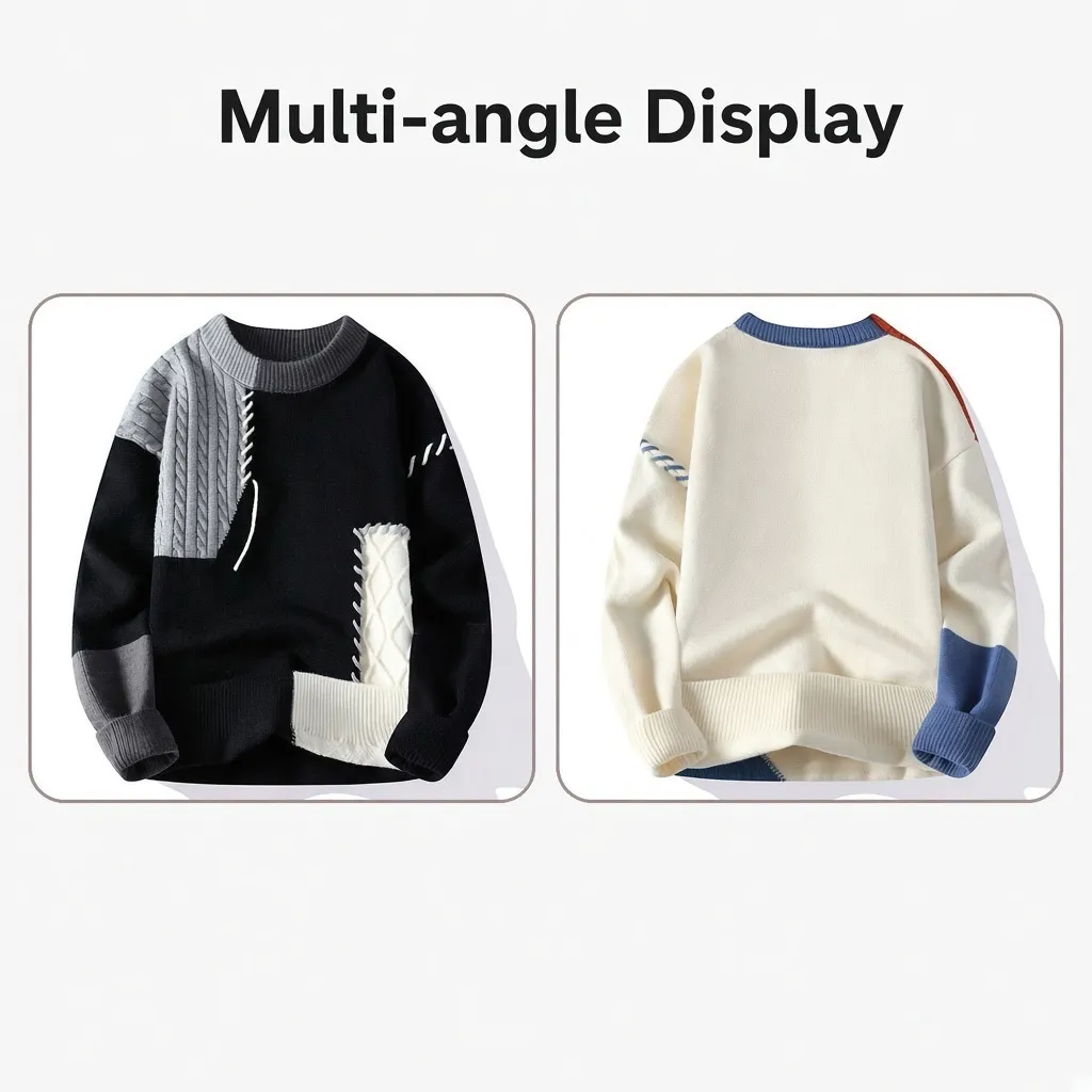 Youth Color-Block Knitted Sweater – Fleece-Lined Autumn/Winter Warm Pullover, Hong Kong-Style Fashion Sweater showcase 1