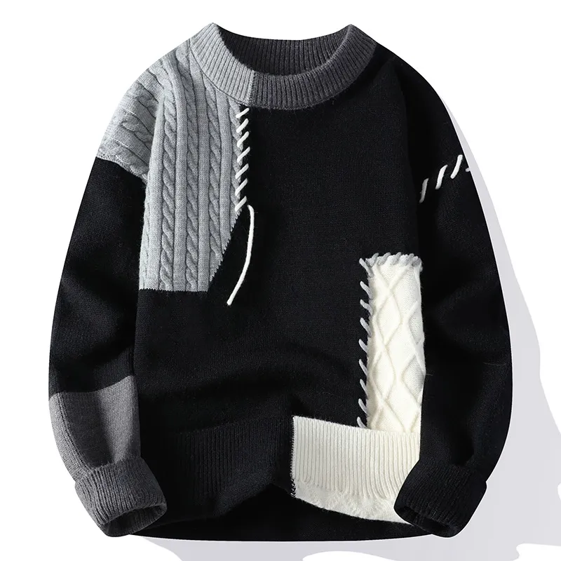 Youth Color-Block Knitted Sweater – Fleece-Lined Autumn/Winter Warm Pullover, Hong Kong-Style Fashion Sweater showcase 2