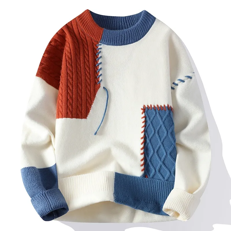 Youth Color-Block Knitted Sweater – Fleece-Lined Autumn/Winter Warm Pullover, Hong Kong-Style Fashion Sweater showcase 4
